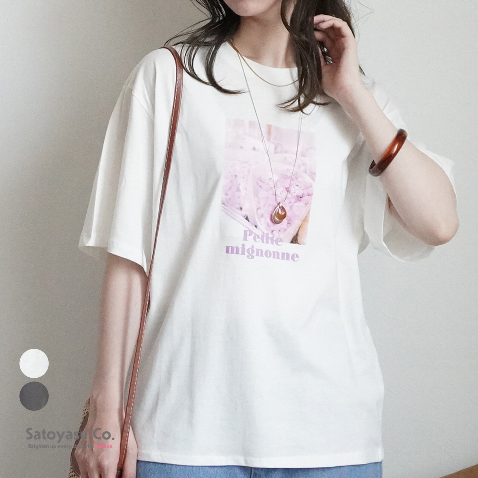 フラワーフォトプリントTシャツ 半袖 転写プリント カットソー トップス 2026春夏【即納】